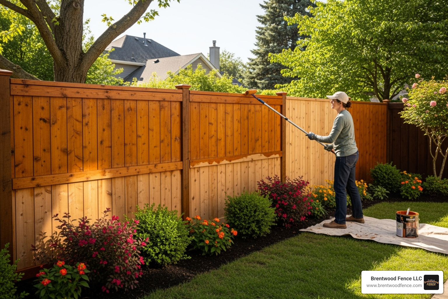 a homeowner staining a wooden fence - wooden fence installers in my area