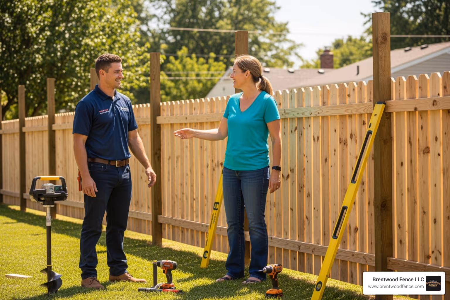 a friendly fence installer consulting with a homeowner - wooden fence installers in my area a friendly fence installer consulting with a homeowner - wooden fence installers in my area