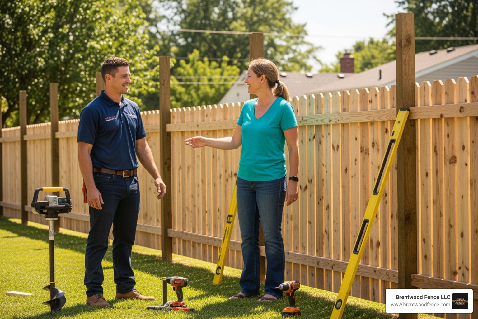 a friendly fence installer consulting with a homeowner - wooden fence installers in my area