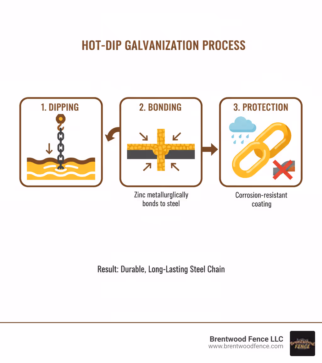 infographic showing hot-dip galvanization process with steel being dipped in molten zinc bath, zinc bonding to steel surface, and resulting corrosion-resistant coating protecting the chain from rust - galvanized steel chain infographic infographic showing hot-dip galvanization process with steel being dipped in molten zinc bath, zinc bonding to steel surface, and resulting corrosion-resistant coating protecting the chain from rust - galvanized steel chain infographic