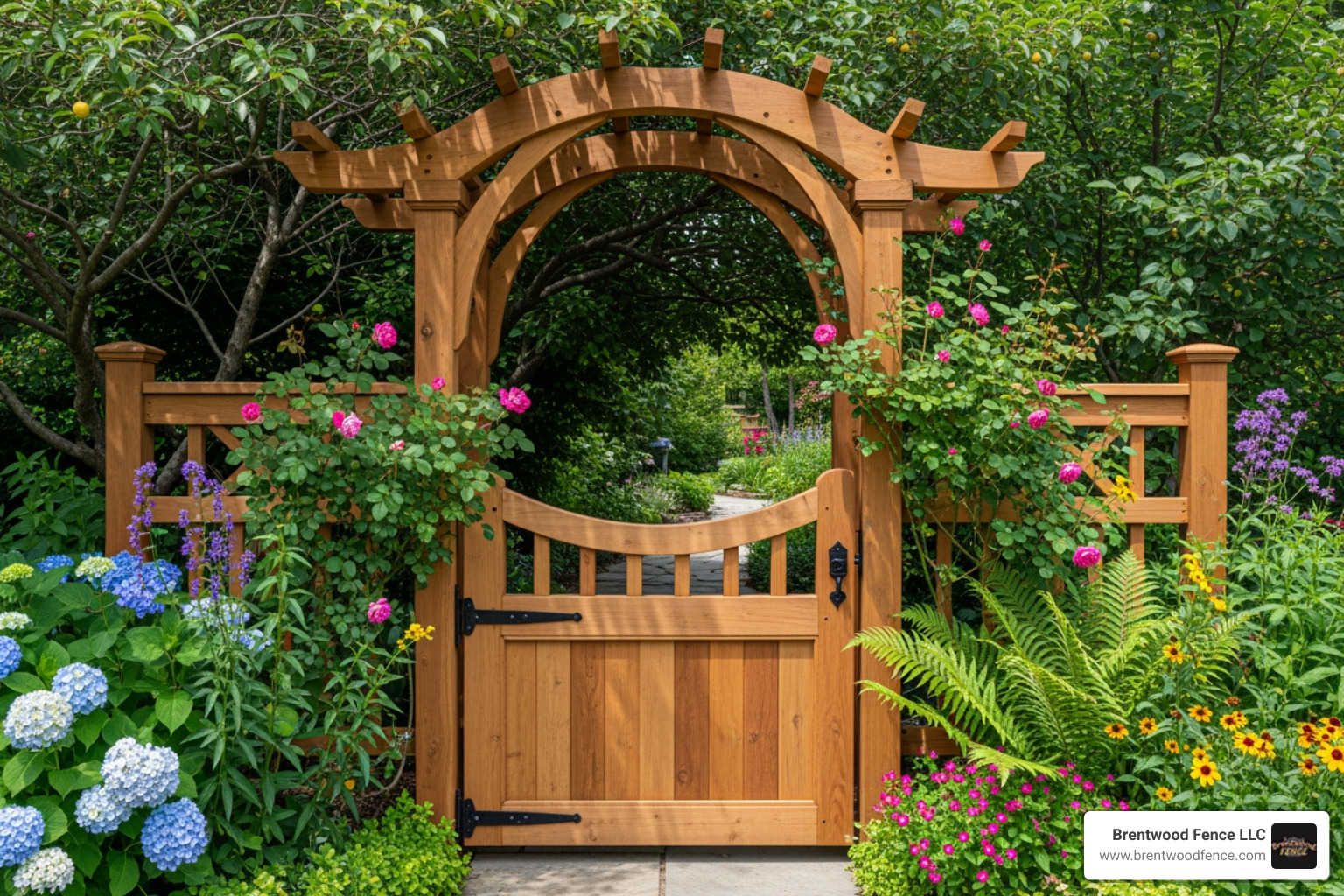 custom wooden arbor with an integrated gate - fence companies concord nh