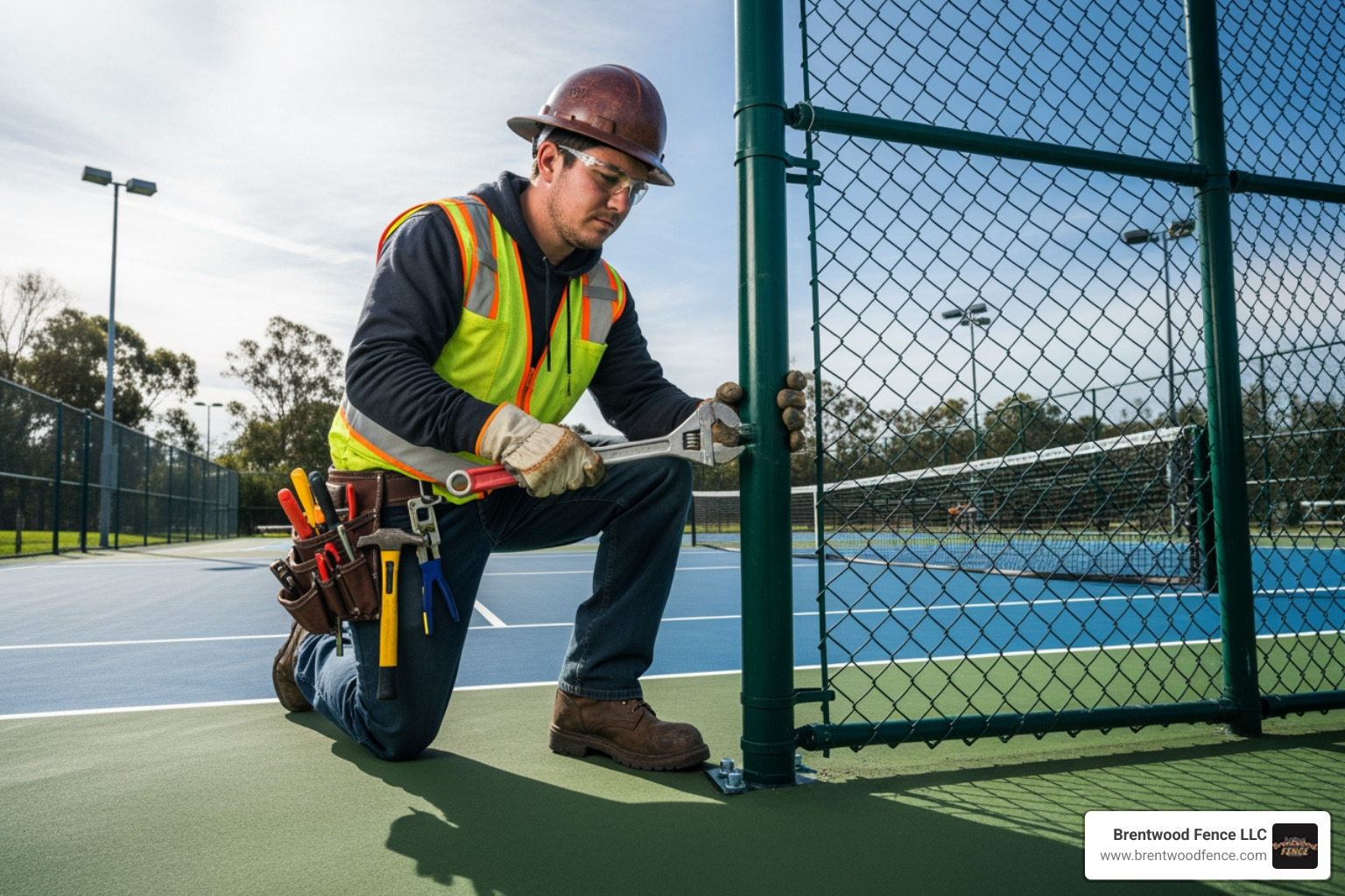 fence post being repaired or adjusted by a professional installer - sports court fencing installers near me fence post being repaired or adjusted by a professional installer - sports court fencing installers near me