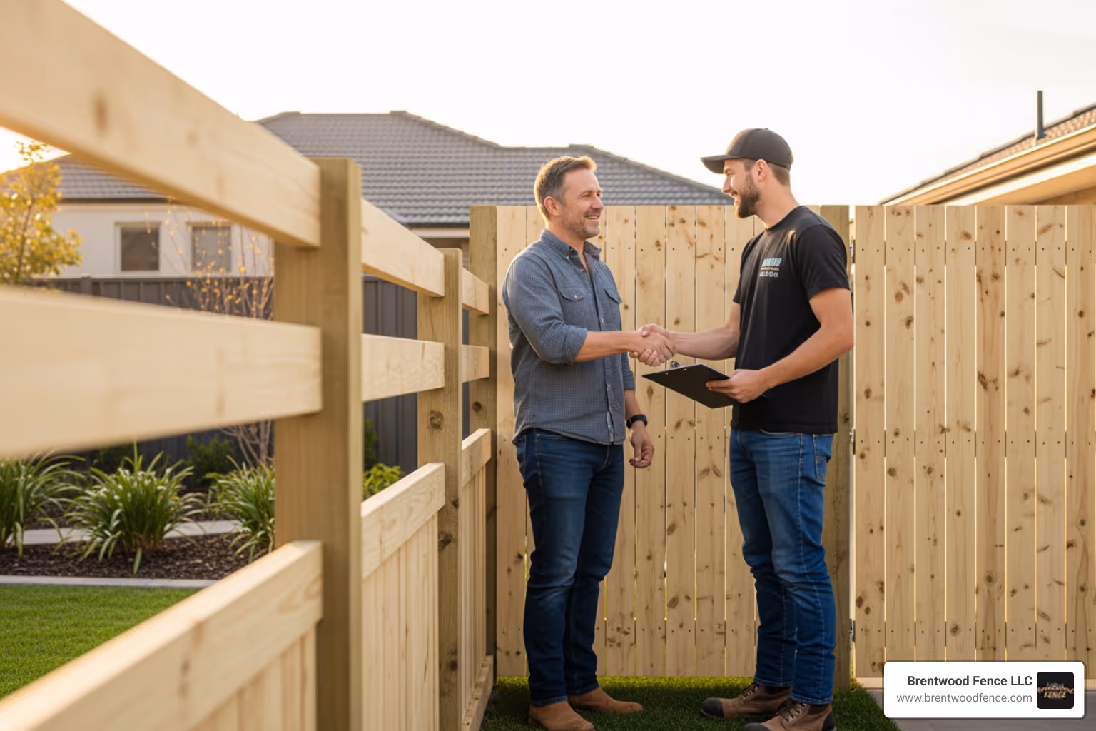 homeowner shaking hands with a fence contractor - wooden fence repair companies