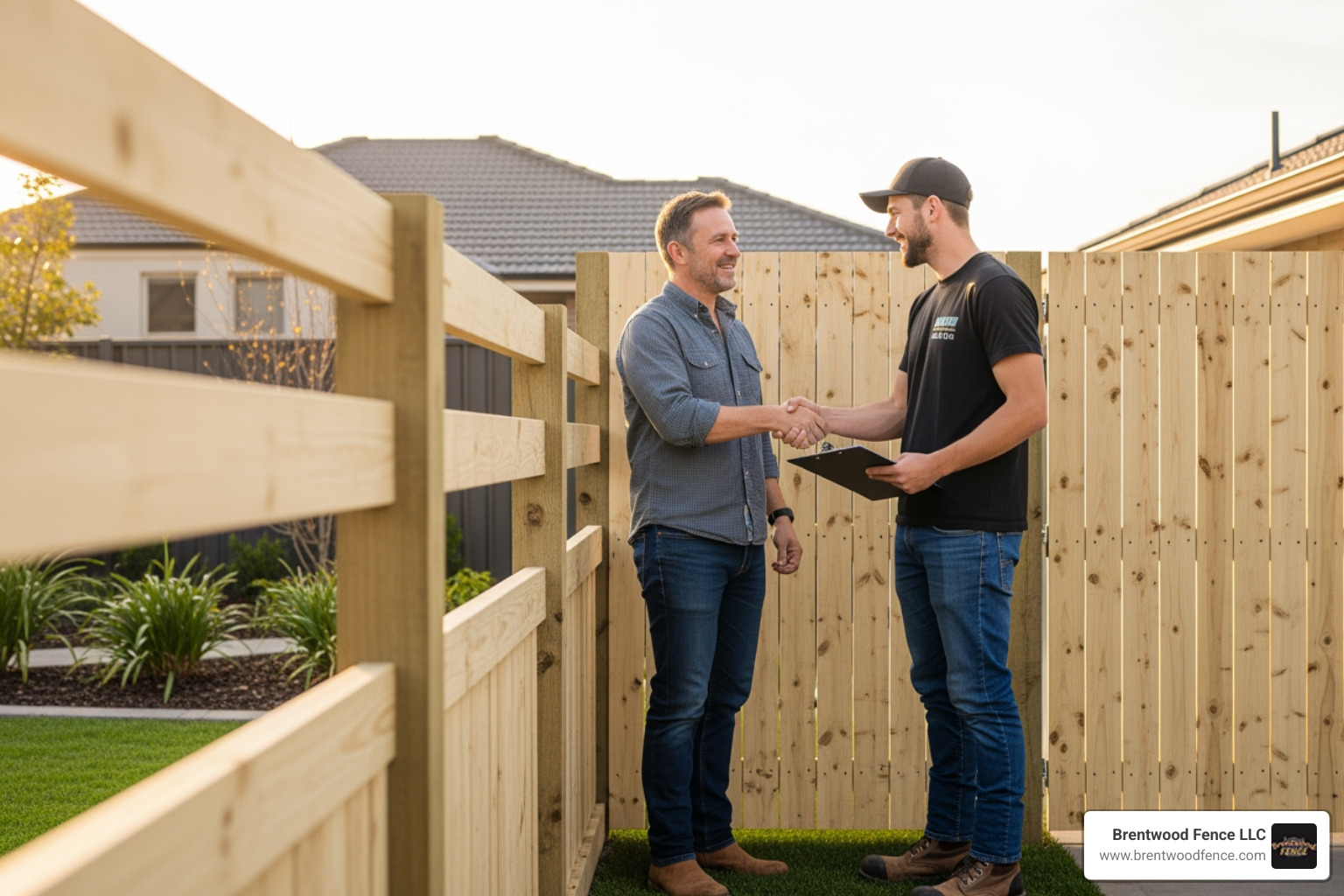 homeowner shaking hands with a fence contractor - wooden fence repair companies