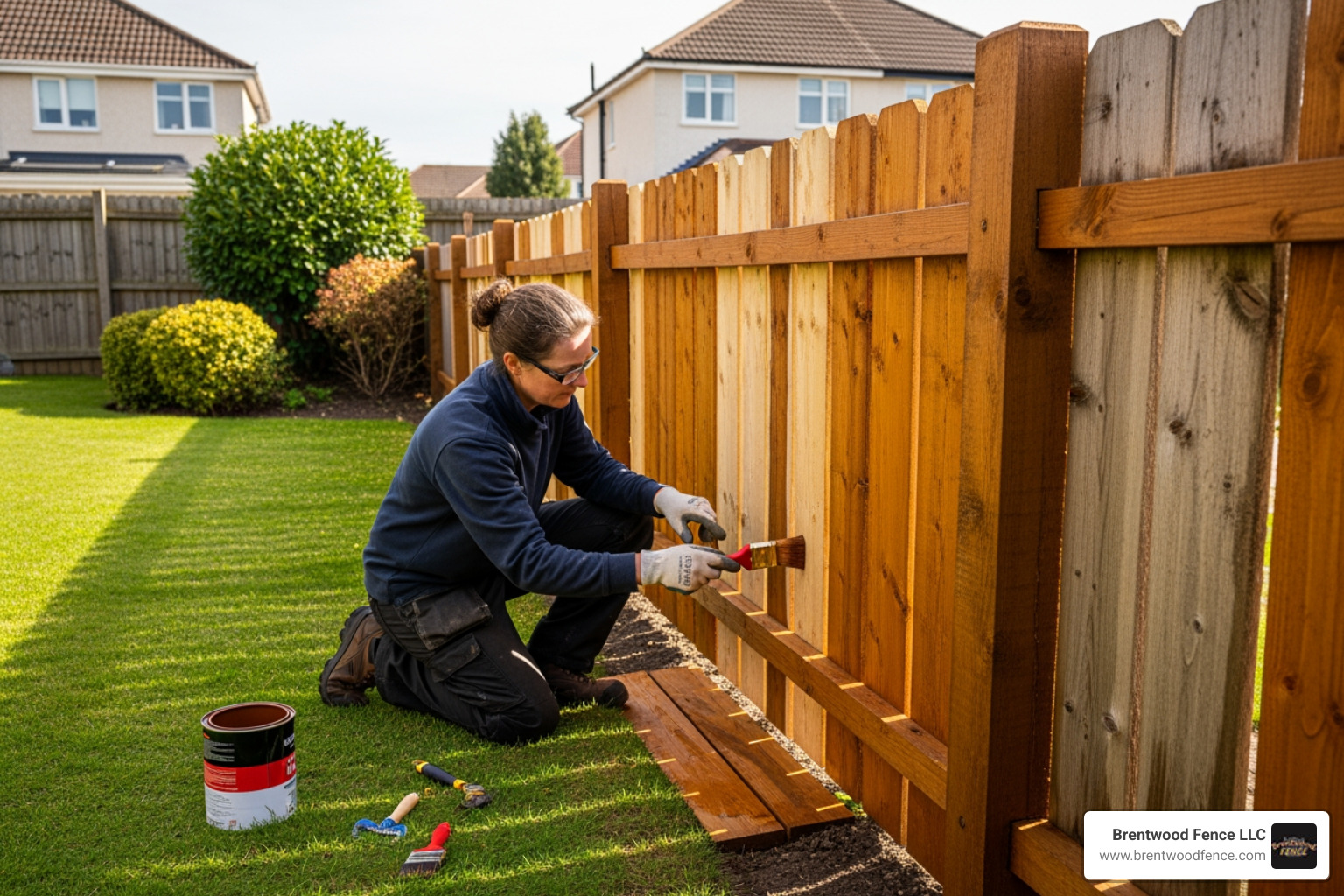 homeowner applying stain to a repaired wooden fence - wooden fence repair companies