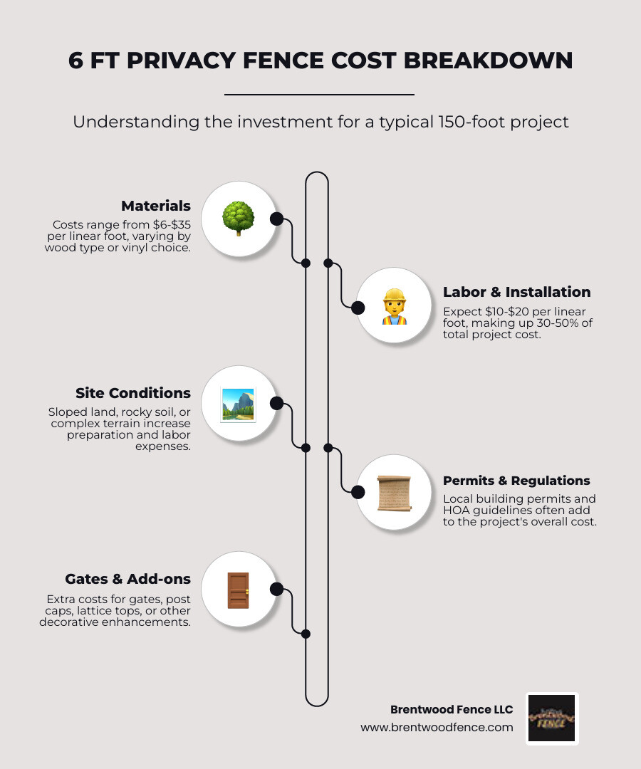 infographic showing cost breakdown for 150 linear feet of 6-foot privacy fence including material costs, labor costs, permit fees, and gate additions with visual breakdown of percentage allocations - 6 ft privacy fence installation cost infographic infographic-line-5-steps-elegant_beige