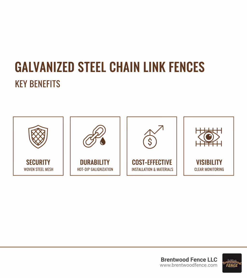 Infographic showing the key benefits of galvanized steel chain link fences: Security through woven steel mesh, Durability from hot-dip galvanization, Cost-Effective installation and materials, and Visibility for monitoring - galvanized steel chain link fence infographic 