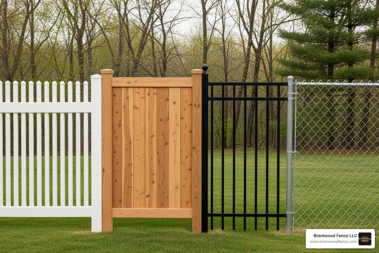 showcasing four different fence materials: vinyl, wood, aluminum, and chain-link - fence companies derry nh