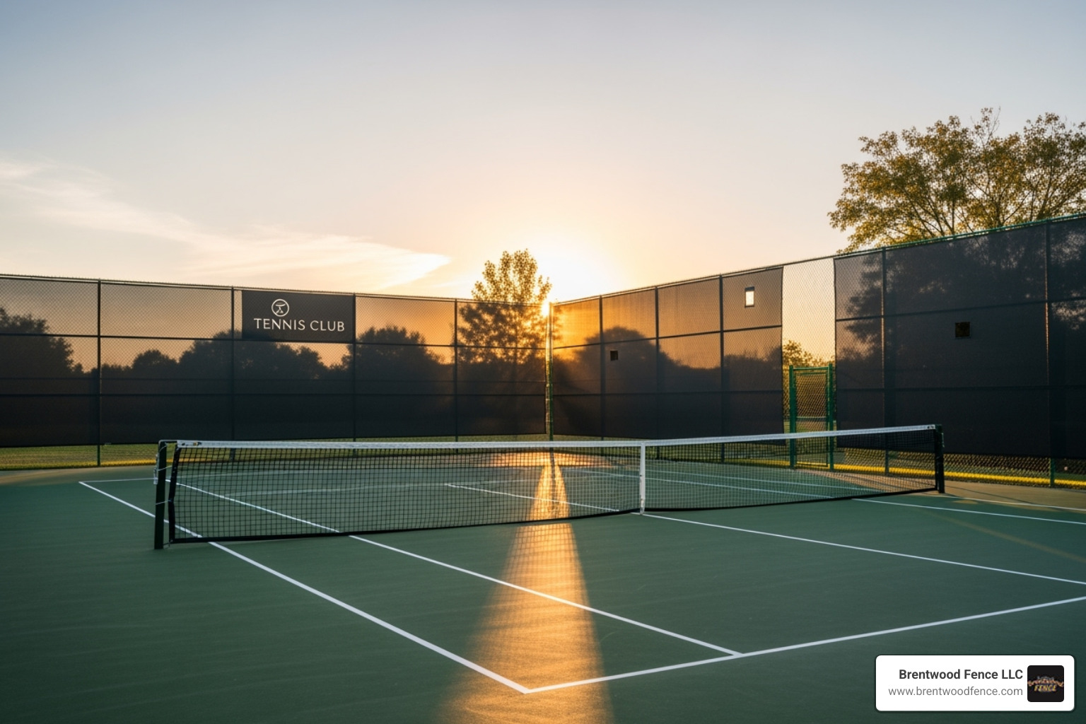 Green vinyl-coated chain-link tennis court fence with a dark windscreen and a logo - Sports Court Fencing Installation Green vinyl-coated chain-link tennis court fence with a dark windscreen and a logo - Sports Court Fencing Installation
