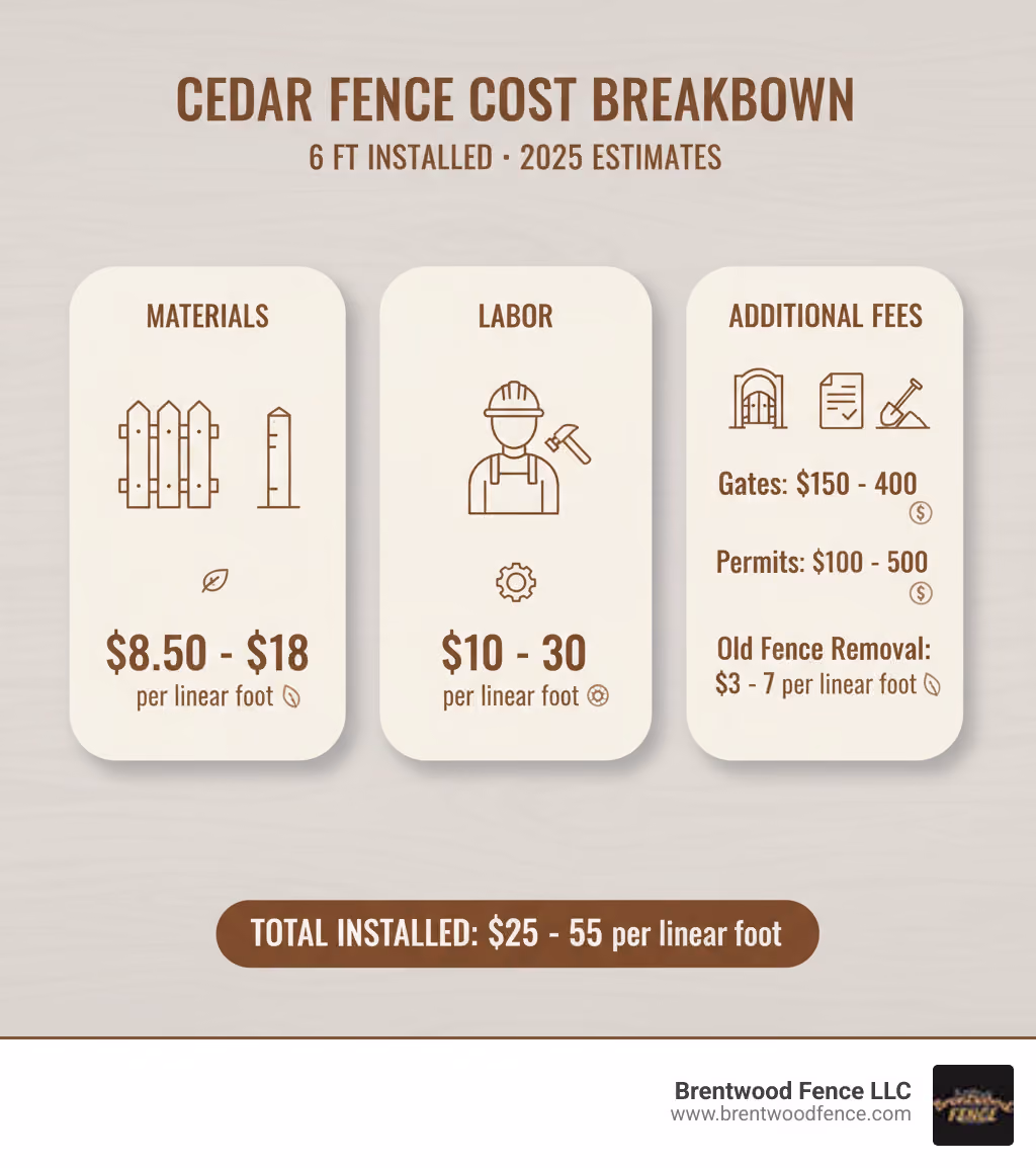 Infographic showing cedar fence cost breakdown with three main components: Materials ($8.50-$18 per linear foot with icons of fence boards and posts), Labor ($10-$30 per linear foot with icon of worker), and Additional Fees (gates $150-$400, permits $100-$500, old fence removal $3-$7 per linear foot) - cost of 6 ft cedar fence installed infographic Infographic showing cedar fence cost breakdown with three main components: Materials ($8.50-$18 per linear foot with icons of fence boards and posts), Labor ($10-$30 per linear foot with icon of worker), and Additional Fees (gates $150-$400, permits $100-$500, old fence removal $3-$7 per linear foot) - cost of 6 ft cedar fence installed infographic