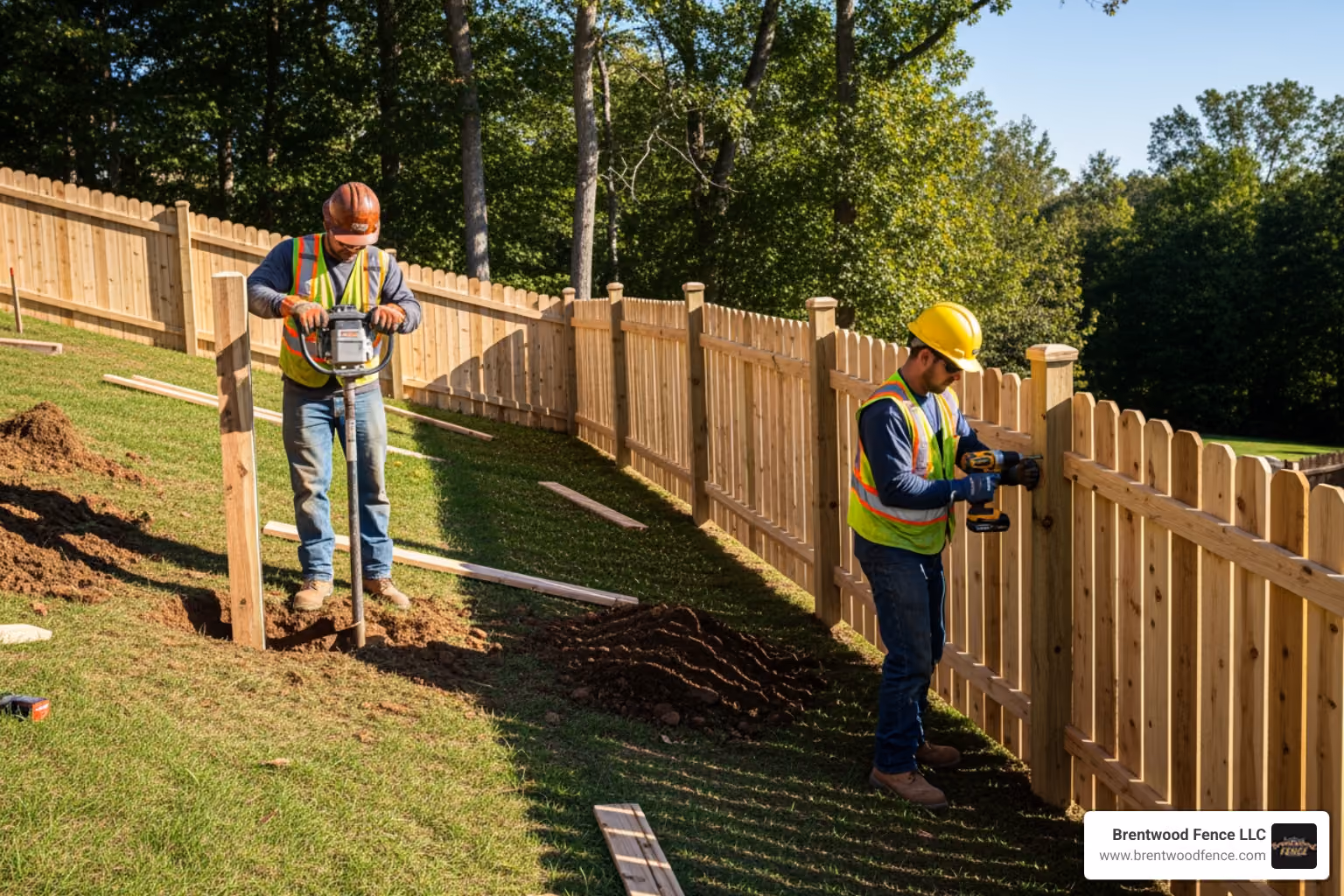 Fence being installed on a sloped yard - cost of 6 ft cedar fence installed Fence being installed on a sloped yard - cost of 6 ft cedar fence installed
