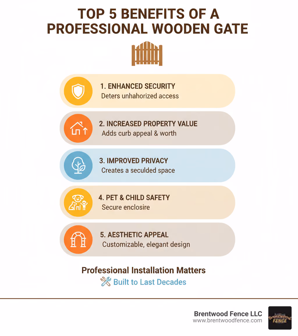 Infographic explaining the top 5 benefits of installing a professional wooden gate - wooden gate installers near me infographic 