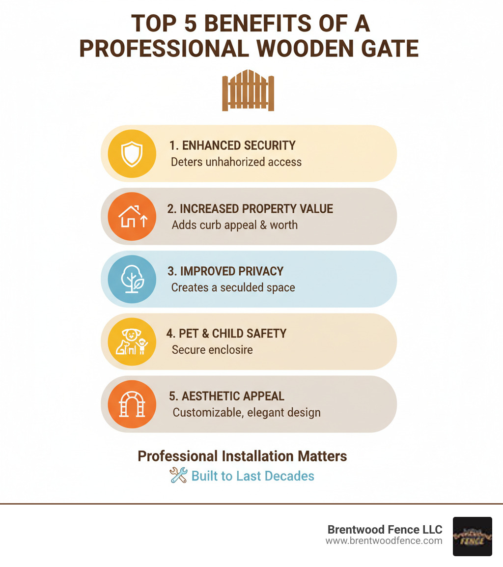 Infographic explaining the top 5 benefits of installing a professional wooden gate - wooden gate installers near me infographic 
