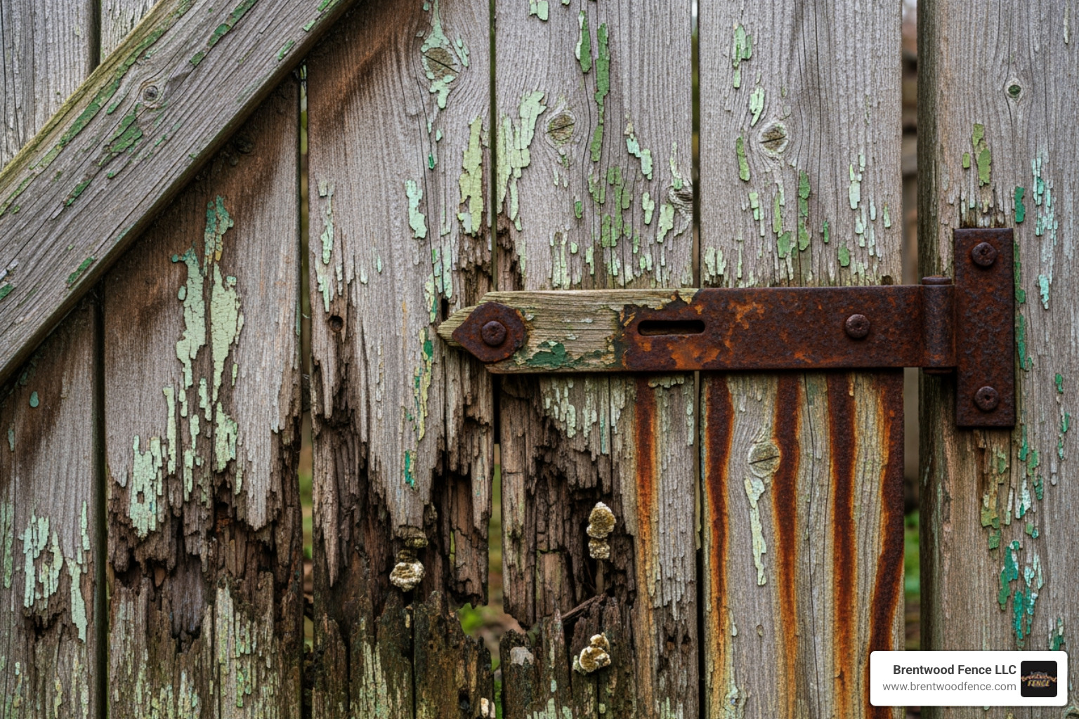 close-up on a weathered wooden gate showing signs of rot near the bottom - wooden gate installers near me