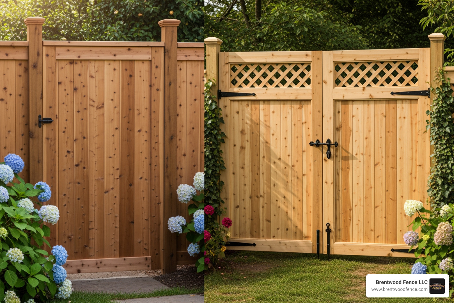 two different wooden gates side-by-side: a tall privacy garden gate and a wide, double driveway gate - wooden gate installers near me