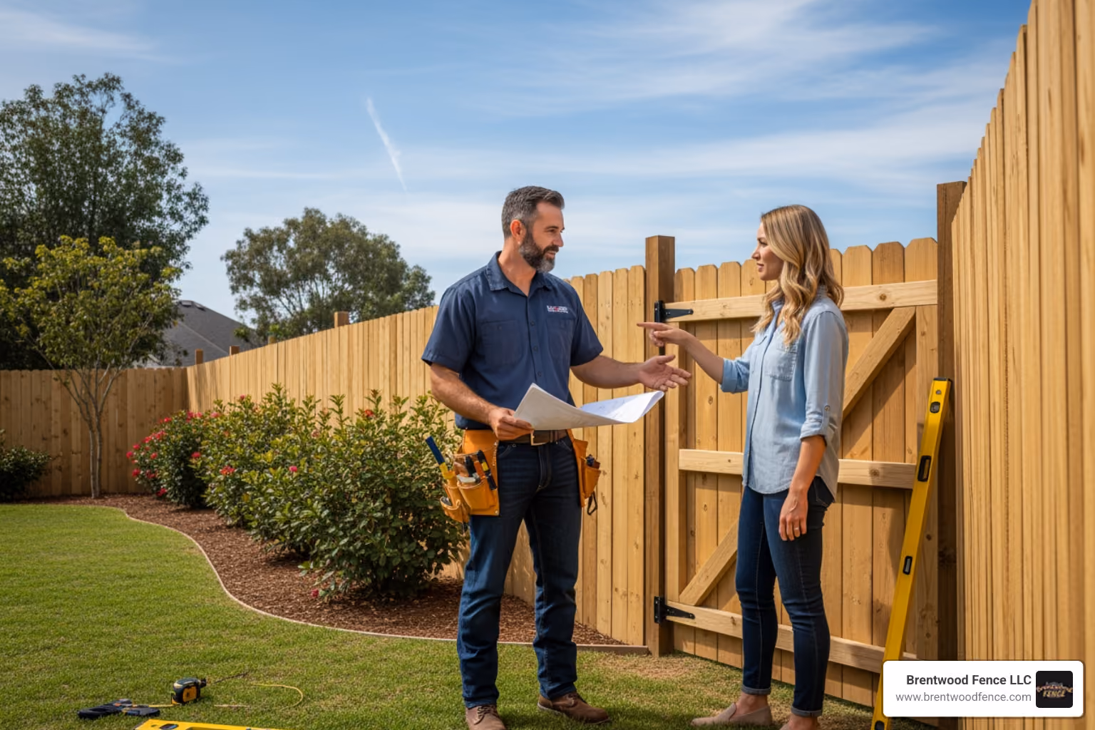 friendly, professional installer consulting with a homeowner in their yard - wooden gate installers near me