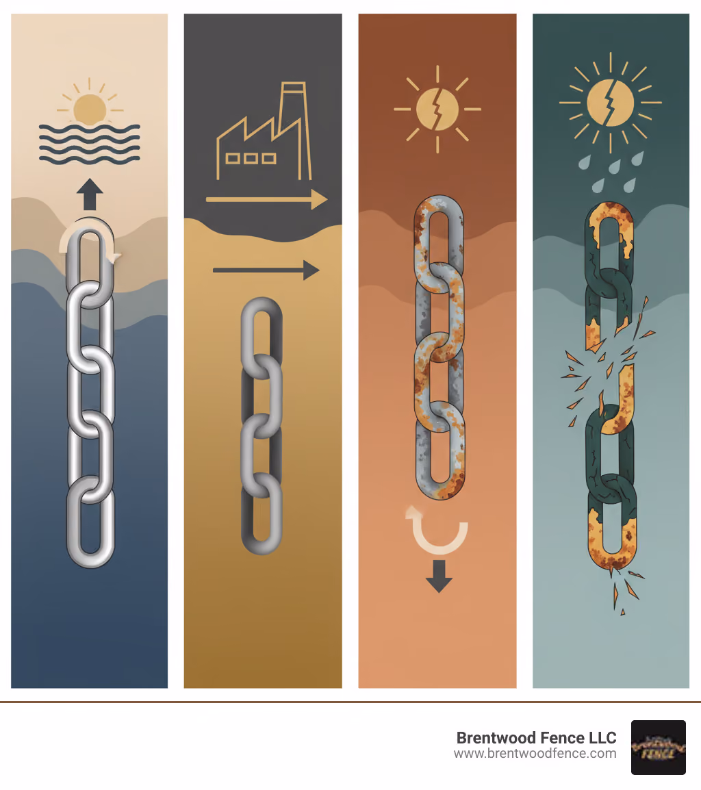 Infographic comparing stainless steel chain link benefits: Grade 316 marine-grade steel with superior corrosion resistance and 50+ year lifespan, Grade 304 general-purpose steel for most applications with 30+ year lifespan, versus galvanized steel coating that depletes over time requiring replacement in 10-15 years, and vinyl-coated chain link that cracks and fades in harsh weather - stainless steel chain link infographic Infographic comparing stainless steel chain link benefits: Grade 316 marine-grade steel with superior corrosion resistance and 50+ year lifespan, Grade 304 general-purpose steel for most applications with 30+ year lifespan, versus galvanized steel coating that depletes over time requiring replacement in 10-15 years, and vinyl-coated chain link that cracks and fades in harsh weather - stainless steel chain link infographic