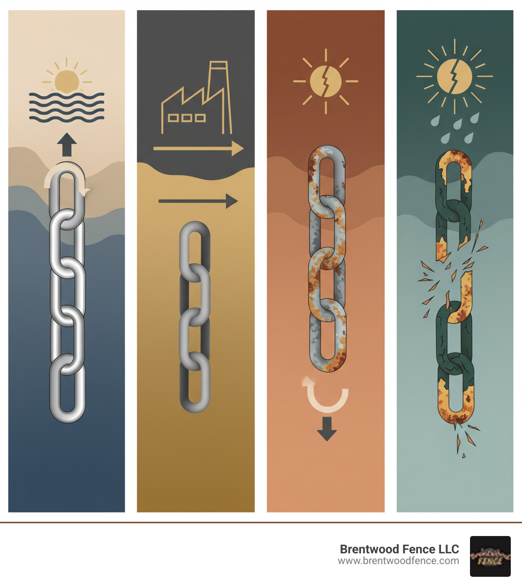 Infographic comparing stainless steel chain link benefits: Grade 316 marine-grade steel with superior corrosion resistance and 50+ year lifespan, Grade 304 general-purpose steel for most applications with 30+ year lifespan, versus galvanized steel coating that depletes over time requiring replacement in 10-15 years, and vinyl-coated chain link that cracks and fades in harsh weather - stainless steel chain link infographic 