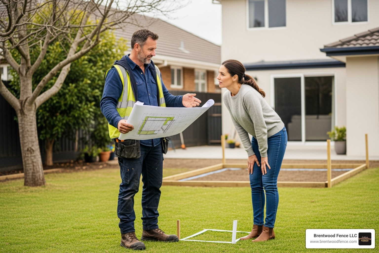 contractor discussing fence plans with homeowner - fence companies hudson nh