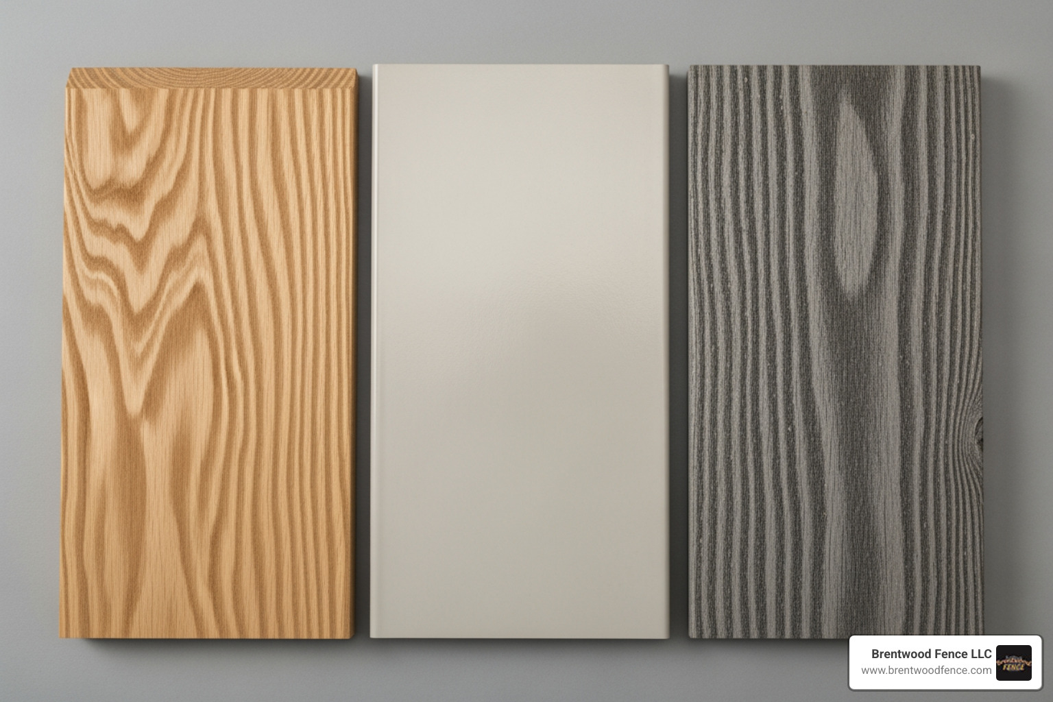 Side-by-side swatches of wood, vinyl, and composite fence materials - privacy fence 4 ft