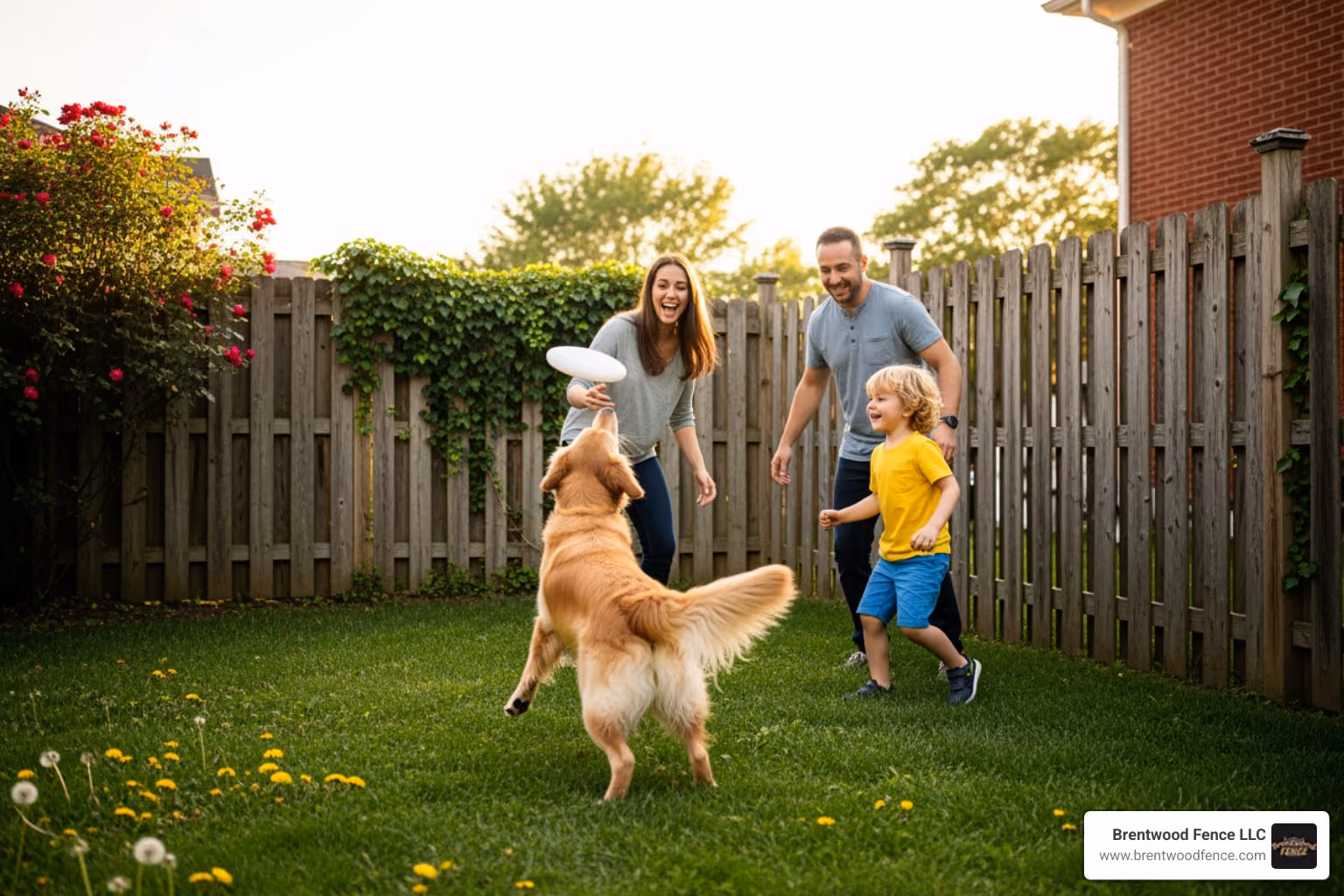 Family with a dog playing safely in a yard enclosed by a 4 ft wood fence - privacy fence 4 ft
