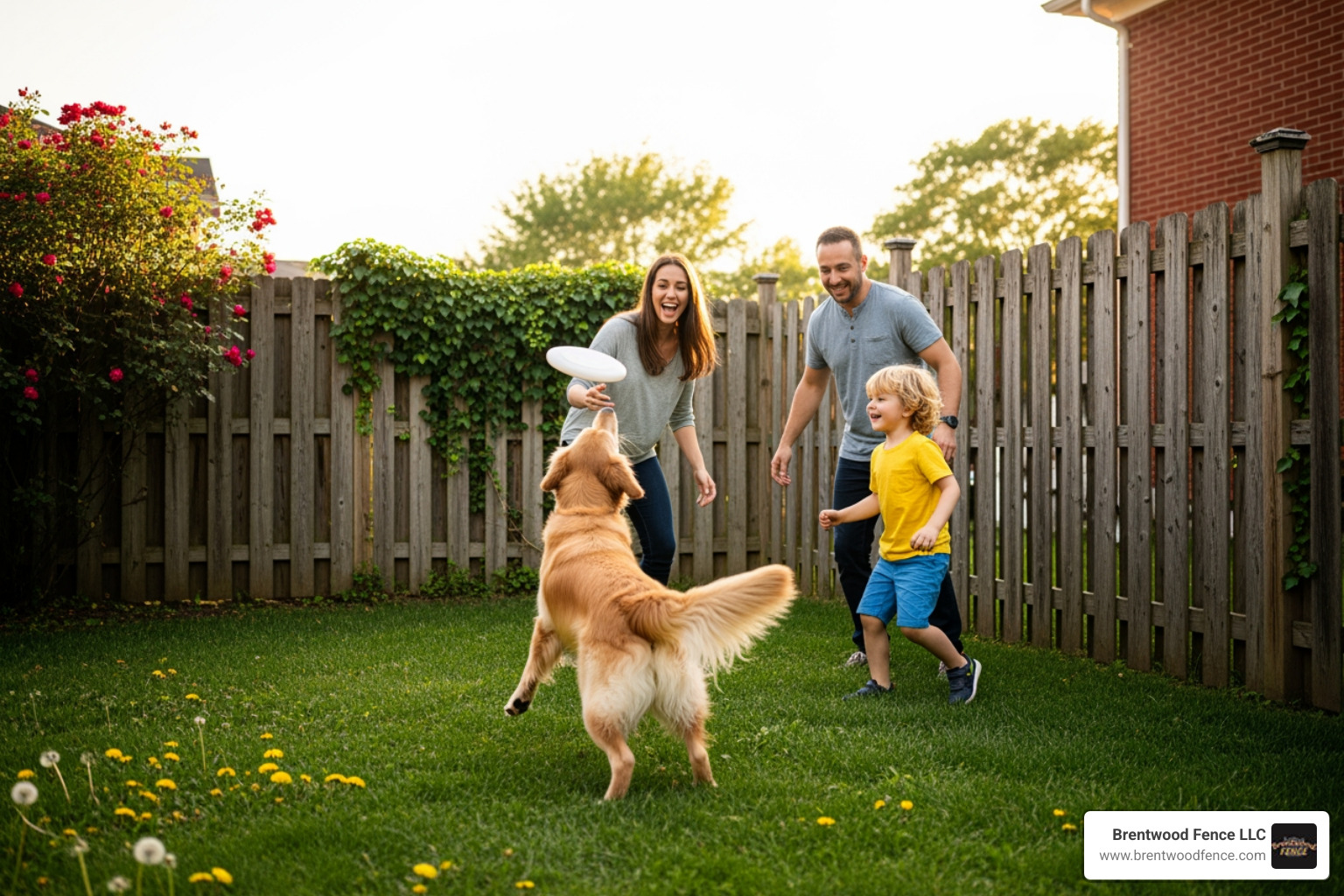 Family with a dog playing safely in a yard enclosed by a 4 ft wood fence - privacy fence 4 ft