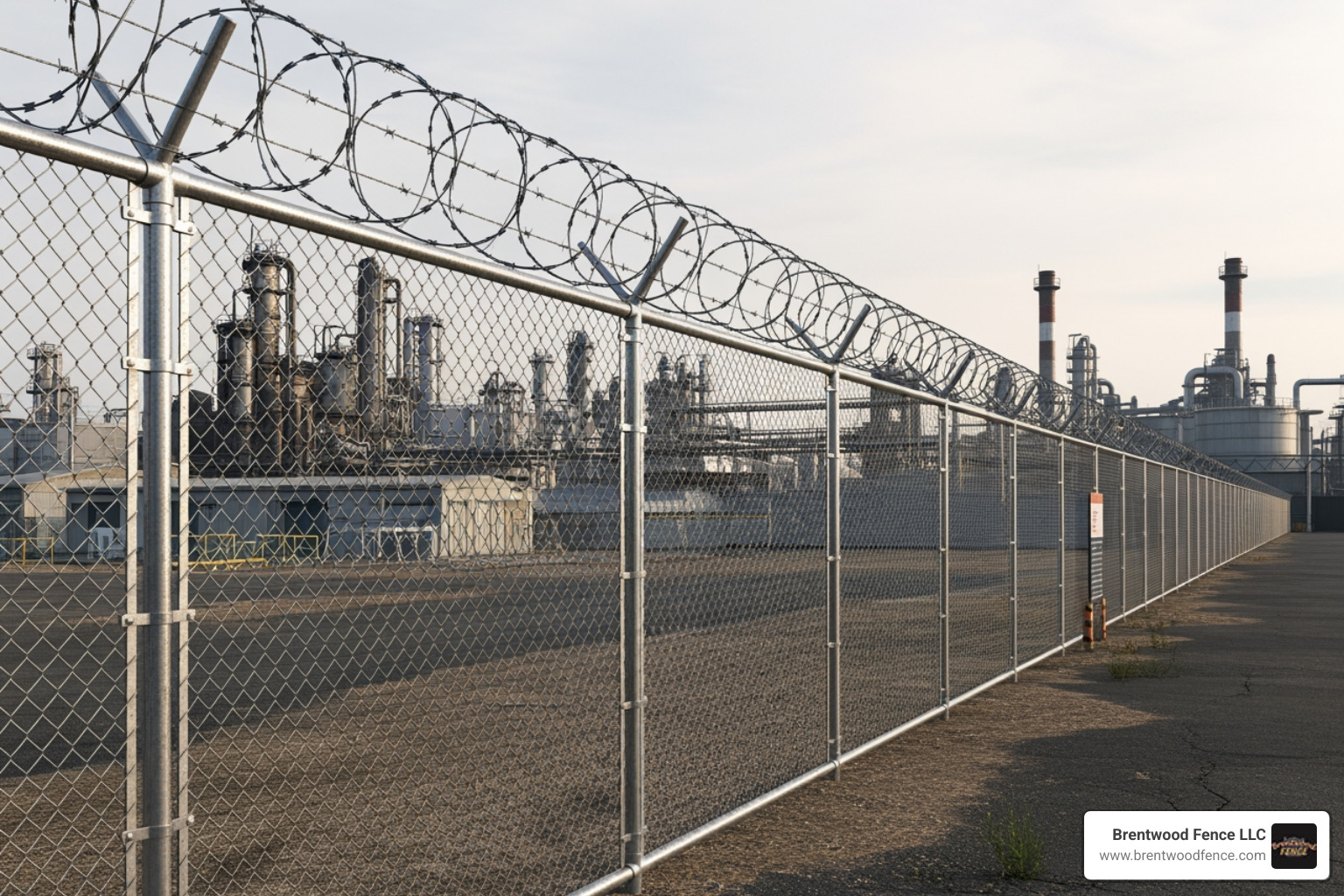 Tall stainless steel chain link fence with barbed wire at an industrial site - stainless steel chain link fence