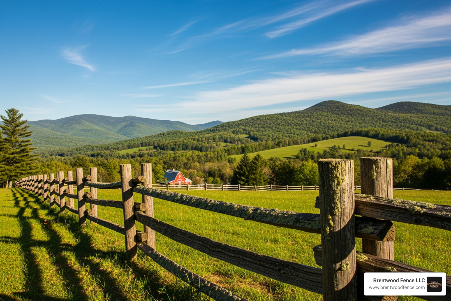 A rustic wooden fence on a property with rolling New Hampshire hills in the background, showcasing local charm and resilience - fence companies near keene nh