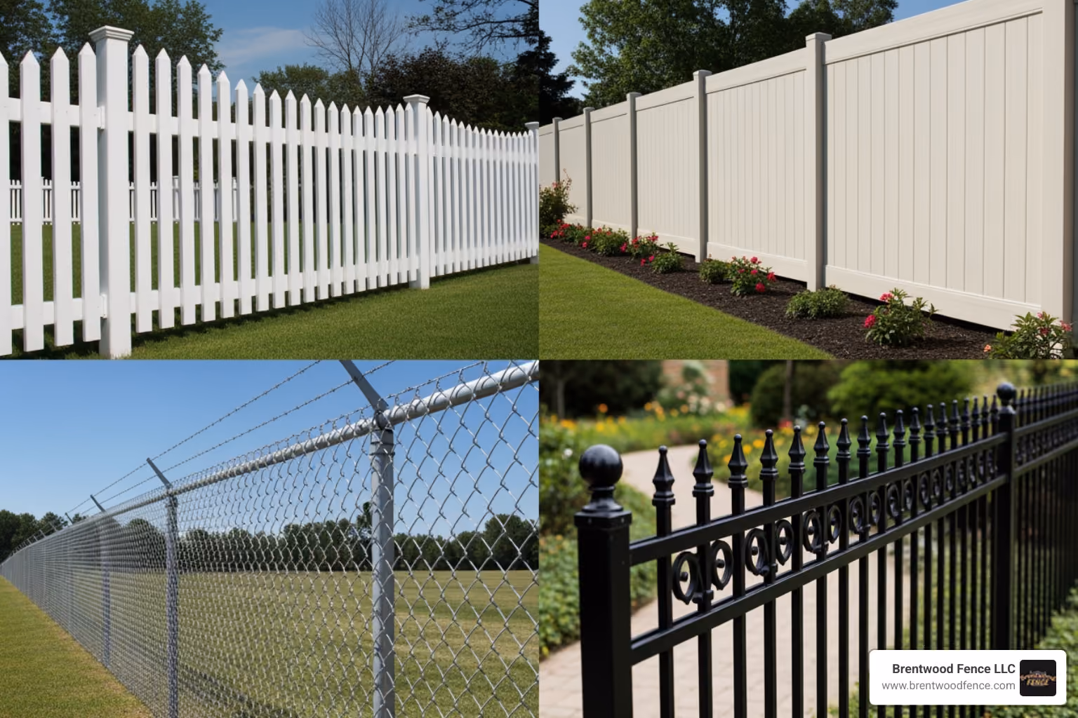 A collage showing various fencing materials and styles: classic wooden picket fence, modern vinyl privacy fence, sturdy chain link fence, and elegant ornamental aluminum fencing - fence companies near keene nh A collage showing various fencing materials and styles: classic wooden picket fence, modern vinyl privacy fence, sturdy chain link fence, and elegant ornamental aluminum fencing - fence companies near keene nh