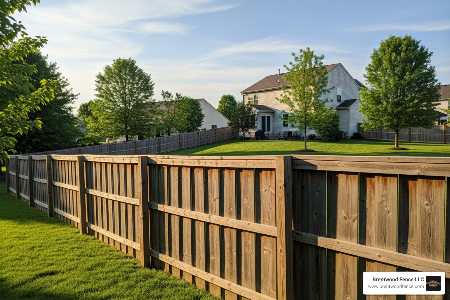 classic wooden privacy fence in a suburban neighborhood - Privacy fence installation company