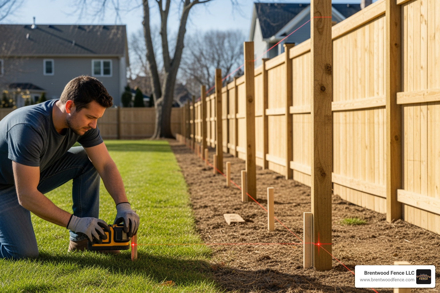 fence installer measuring a property line - Privacy fence installation company