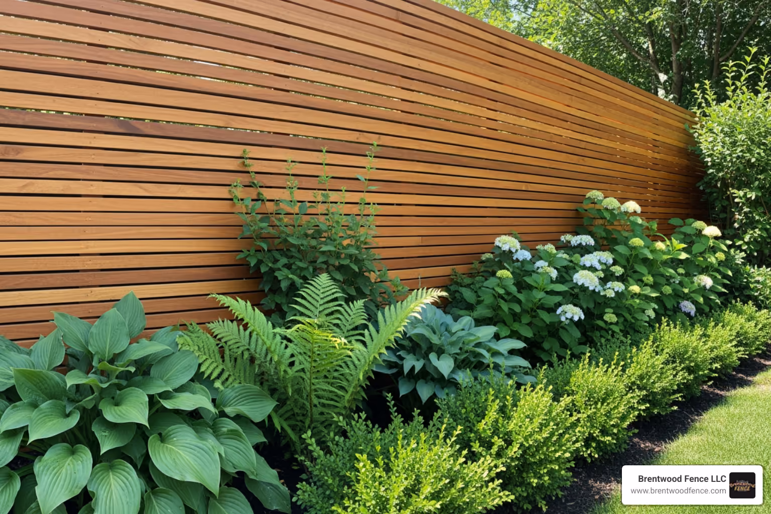 stylish horizontal wood slat fence with greenery planted in front - backyard privacy design