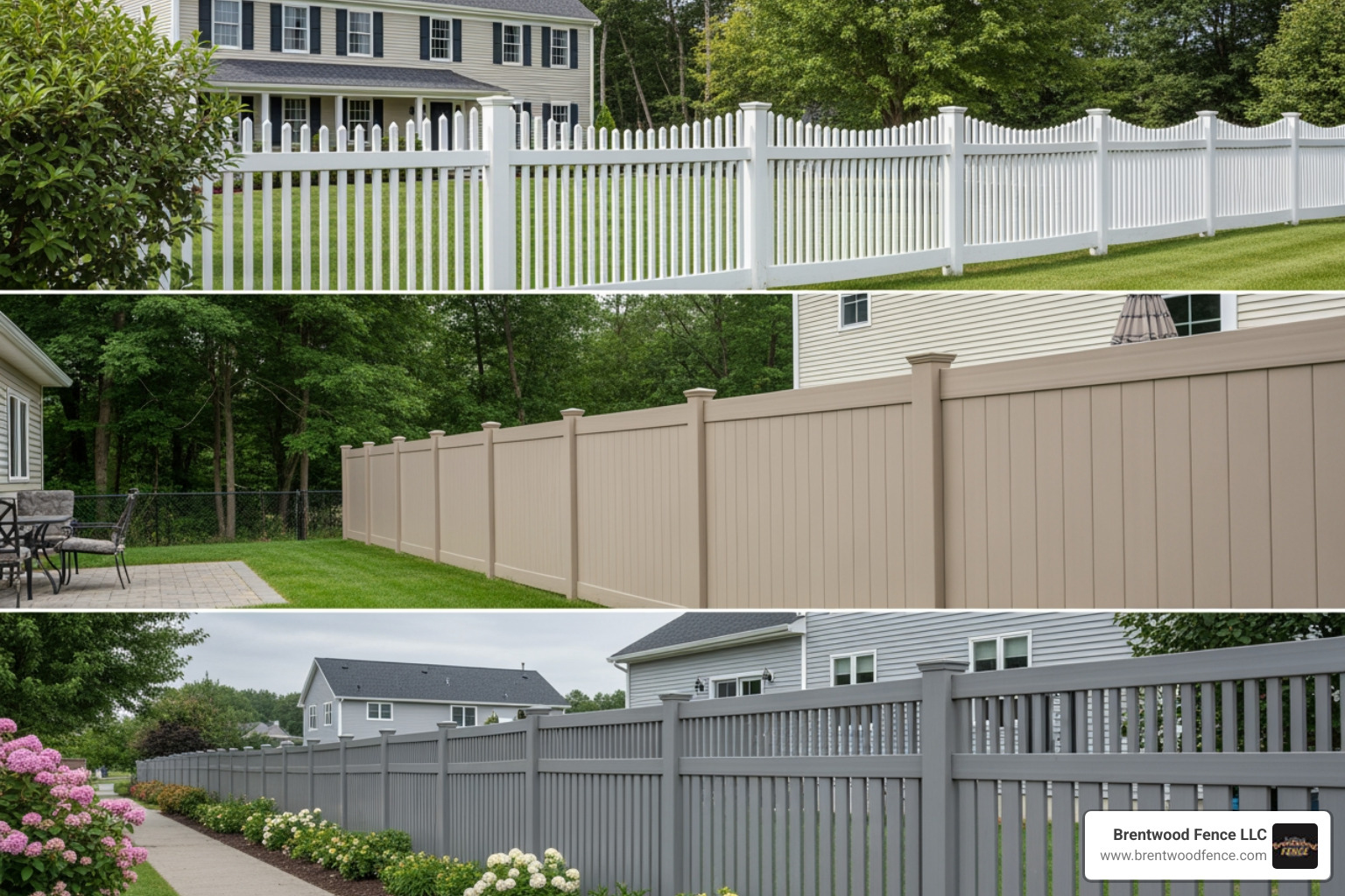 A collage showing different vinyl fence styles: a classic white picket fence, a modern tan privacy fence, and a sleek grey semi-privacy fence, each suitable for a Massachusetts home. - massachusetts vinyl fence A collage showing different vinyl fence styles: a classic white picket fence, a modern tan privacy fence, and a sleek grey semi-privacy fence, each suitable for a Massachusetts home. - massachusetts vinyl fence