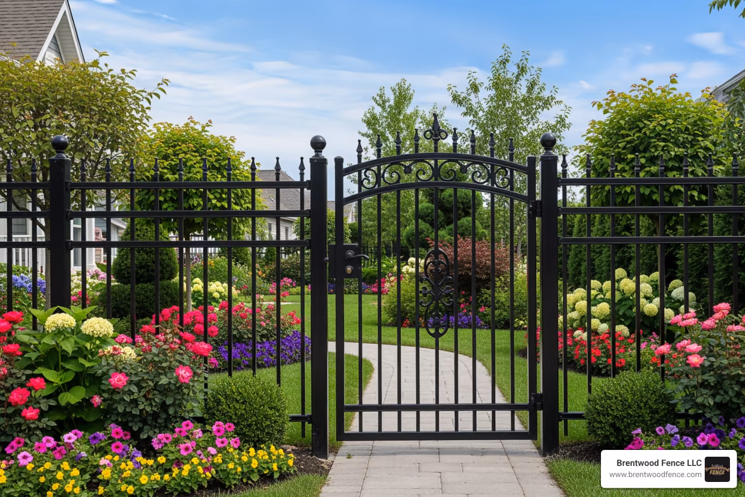 an ornamental aluminum fence with a gate around a landscaped yard - Maine Fencing Company