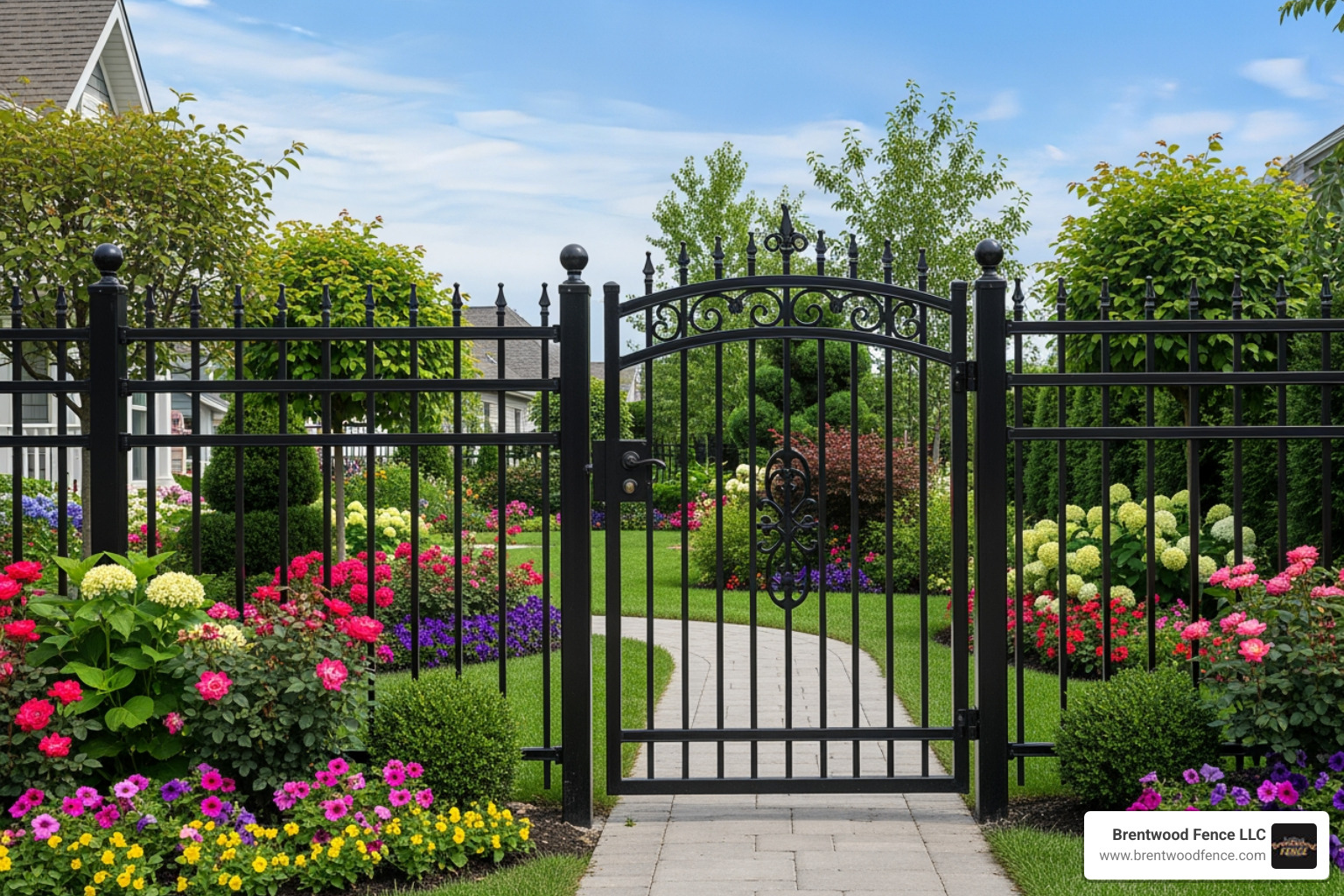 an ornamental aluminum fence with a gate around a landscaped yard - Maine Fencing Company an ornamental aluminum fence with a gate around a landscaped yard - Maine Fencing Company
