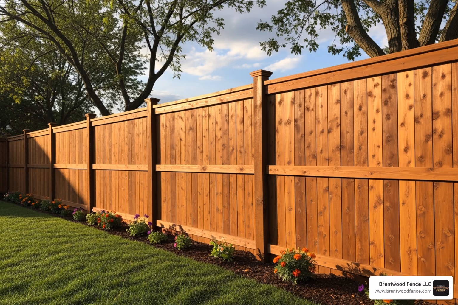 a stained wood privacy fence - Maine Fencing Company