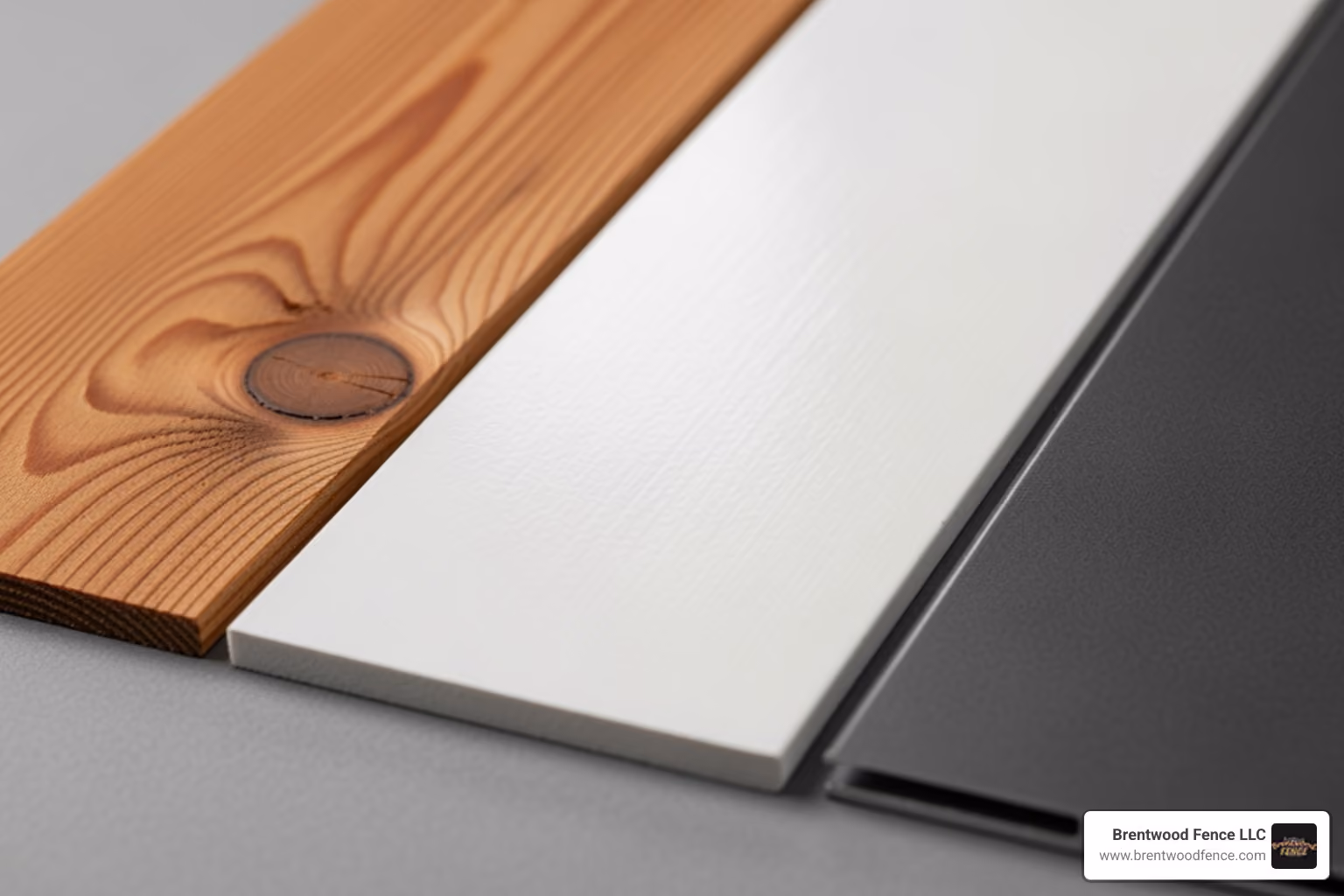 Material swatch showing wood, vinyl, and aluminum options - New Hampshire Fencing Company