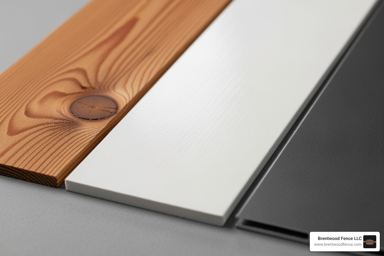 Material swatch showing wood, vinyl, and aluminum options - New Hampshire Fencing Company Material swatch showing wood, vinyl, and aluminum options - New Hampshire Fencing Company