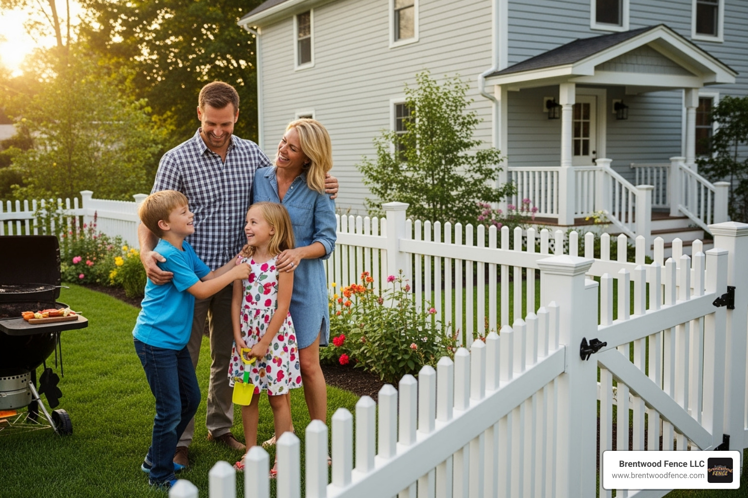 Happy family in their newly fenced yard - New Hampshire Fencing Company Happy family in their newly fenced yard - New Hampshire Fencing Company