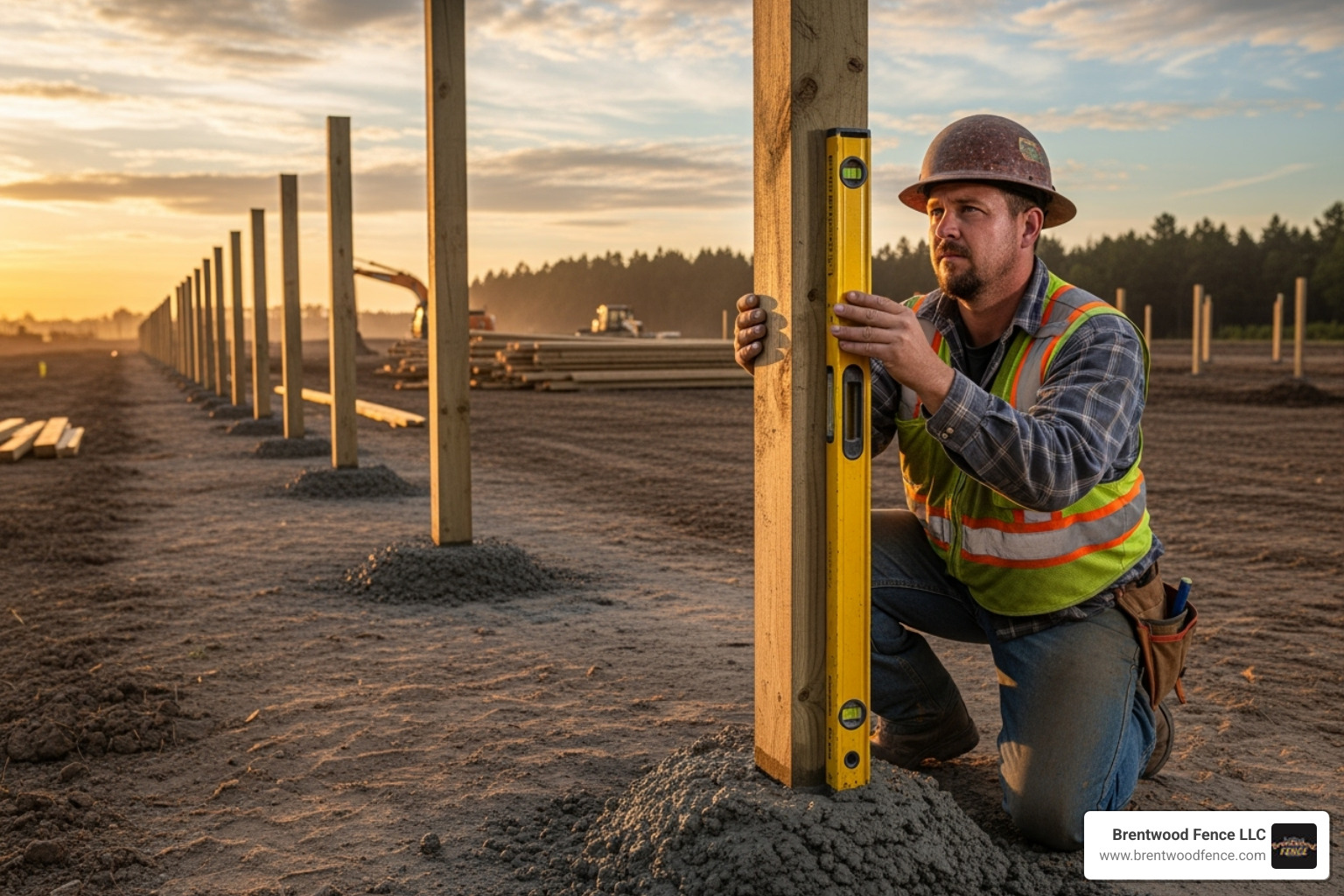 Image of a professional using a level on a fence post set in concrete - Privacy Fencing Installation