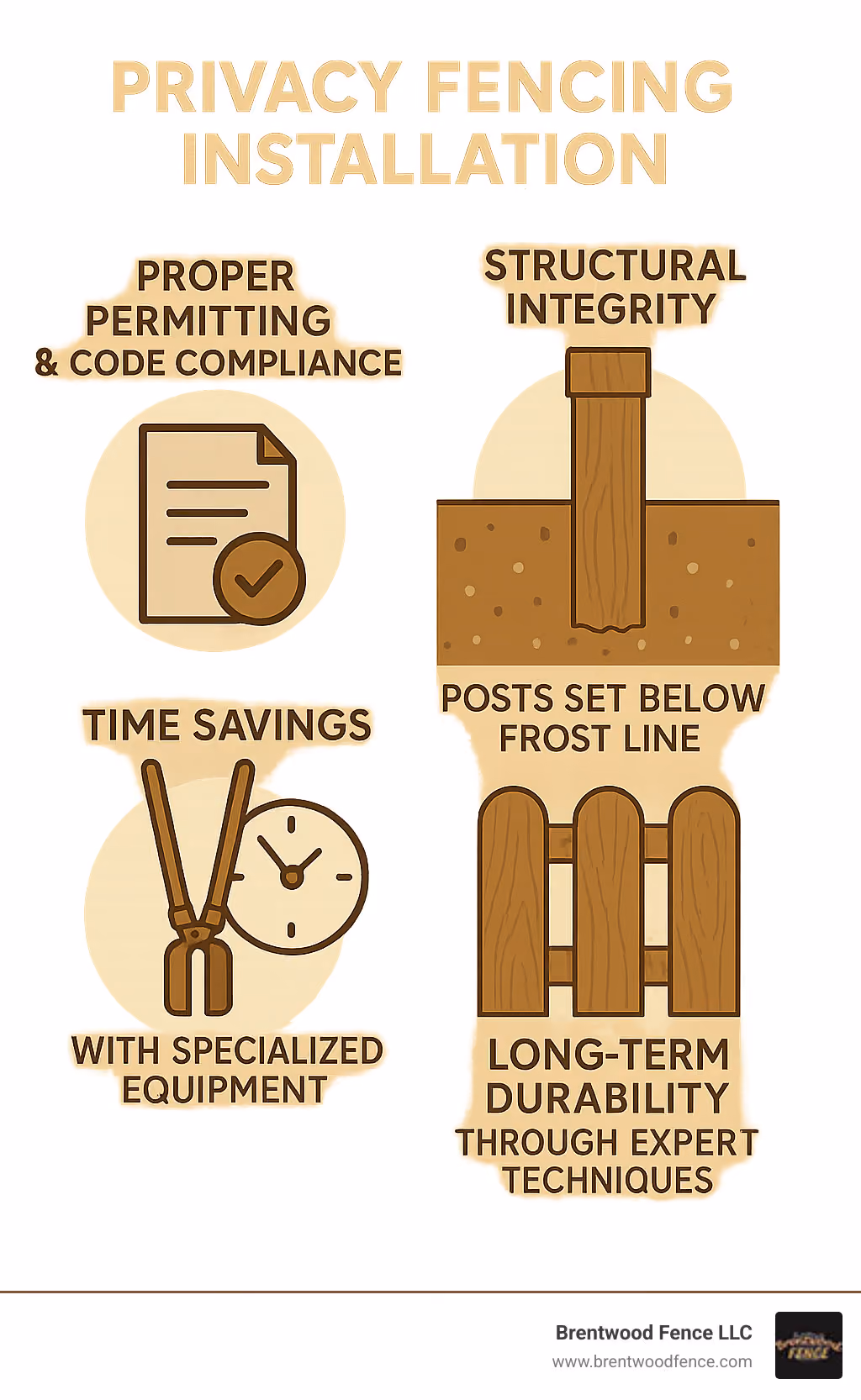 Infographic showing the key benefits of professional privacy fence installation: proper permitting and code compliance, structural integrity with posts set below frost line, time savings with specialized equipment, and long-term durability through expert techniques - Privacy Fencing Installation infographic Infographic showing the key benefits of professional privacy fence installation: proper permitting and code compliance, structural integrity with posts set below frost line, time savings with specialized equipment, and long-term durability through expert techniques - Privacy Fencing Installation infographic