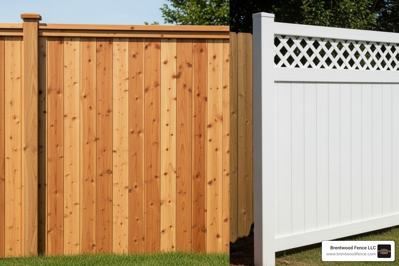 Image showcasing different privacy fence styles, like a solid cedar fence next to a white vinyl fence with a lattice top - Privacy Fencing Installation