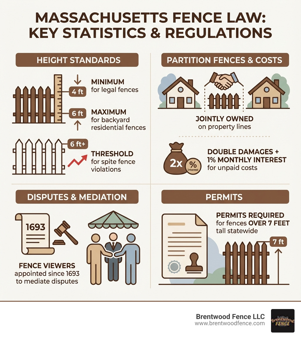 infographic showing Massachusetts fence law key statistics: 4-foot minimum height for legal fences, 6-foot maximum for backyard residential fences, 6-foot height threshold for spite fence violations, partition fences on property lines are jointly owned by both neighbors, double damages plus 1% monthly interest for unpaid partition fence costs, fence viewers appointed since 1693 to mediate disputes, permits required for fences over 7 feet tall statewide - fence laws in massachusetts infographic infographic showing Massachusetts fence law key statistics: 4-foot minimum height for legal fences, 6-foot maximum for backyard residential fences, 6-foot height threshold for spite fence violations, partition fences on property lines are jointly owned by both neighbors, double damages plus 1% monthly interest for unpaid partition fence costs, fence viewers appointed since 1693 to mediate disputes, permits required for fences over 7 feet tall statewide - fence laws in massachusetts infographic