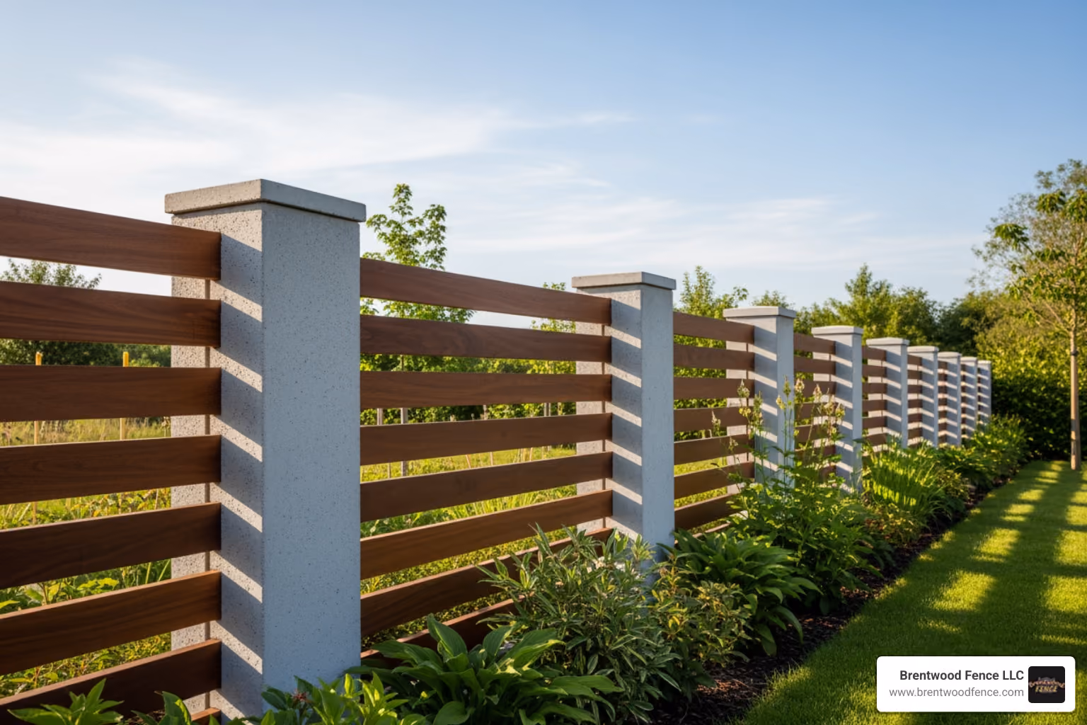 fence combining dark wood slats with concrete pillars - Modern fence ideas
