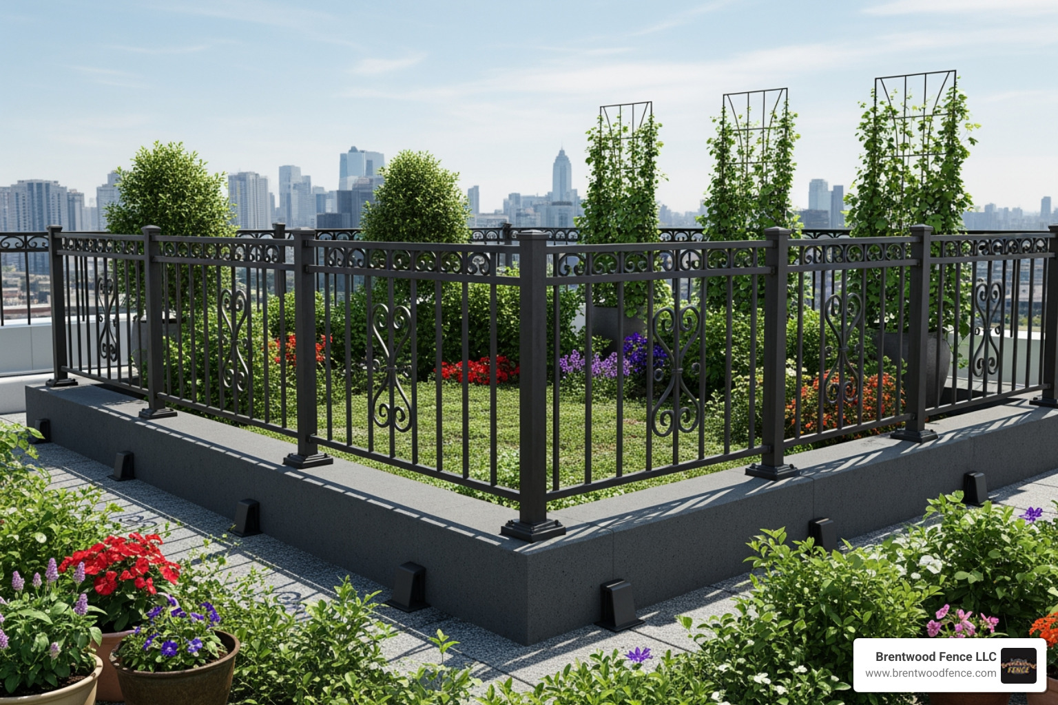 decorative fence on a rooftop garden using above-ground posts - above ground fence posts