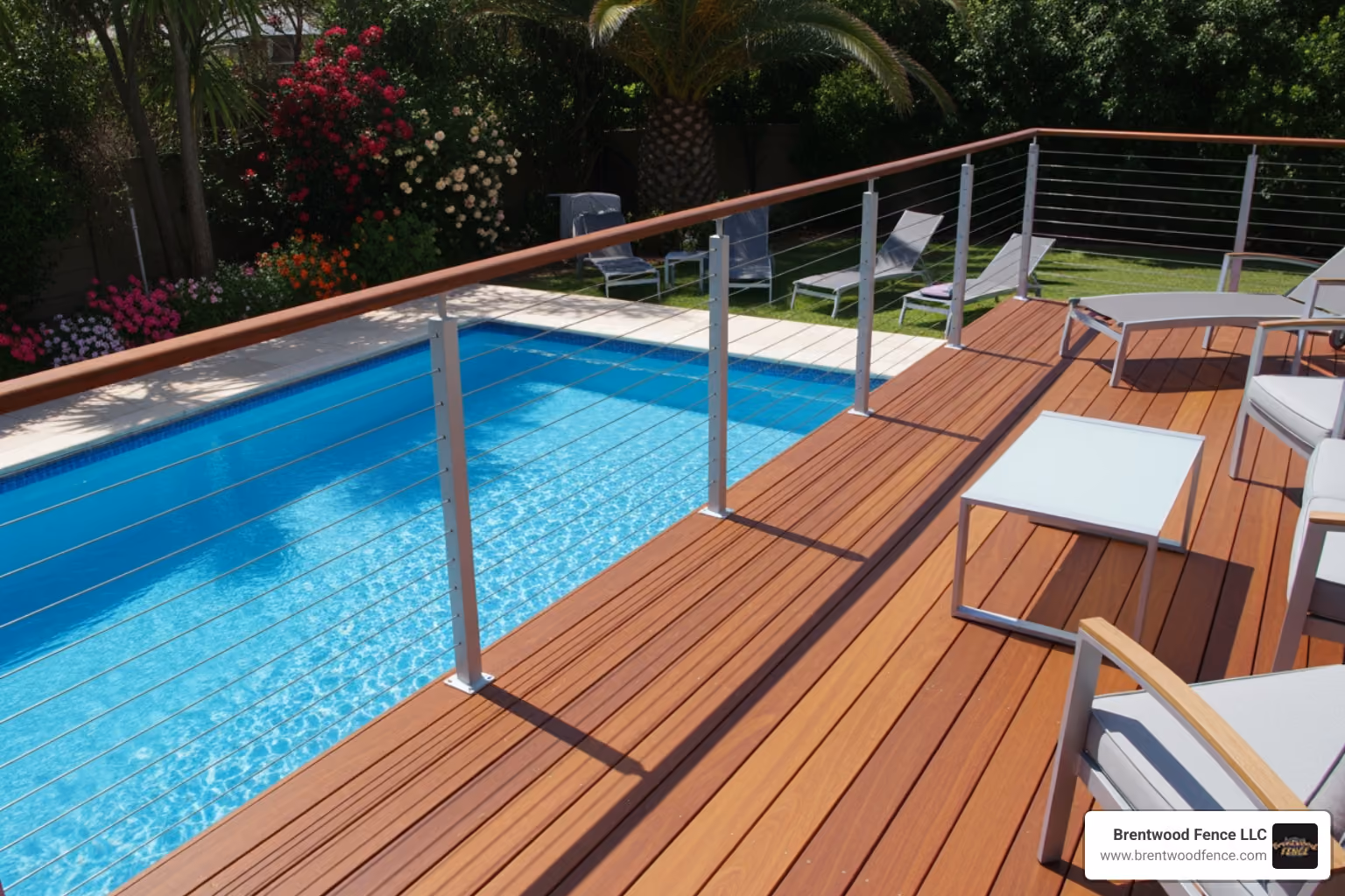 stylish deck with an aluminum railing overlooking a pool - aluminum railing companies near me