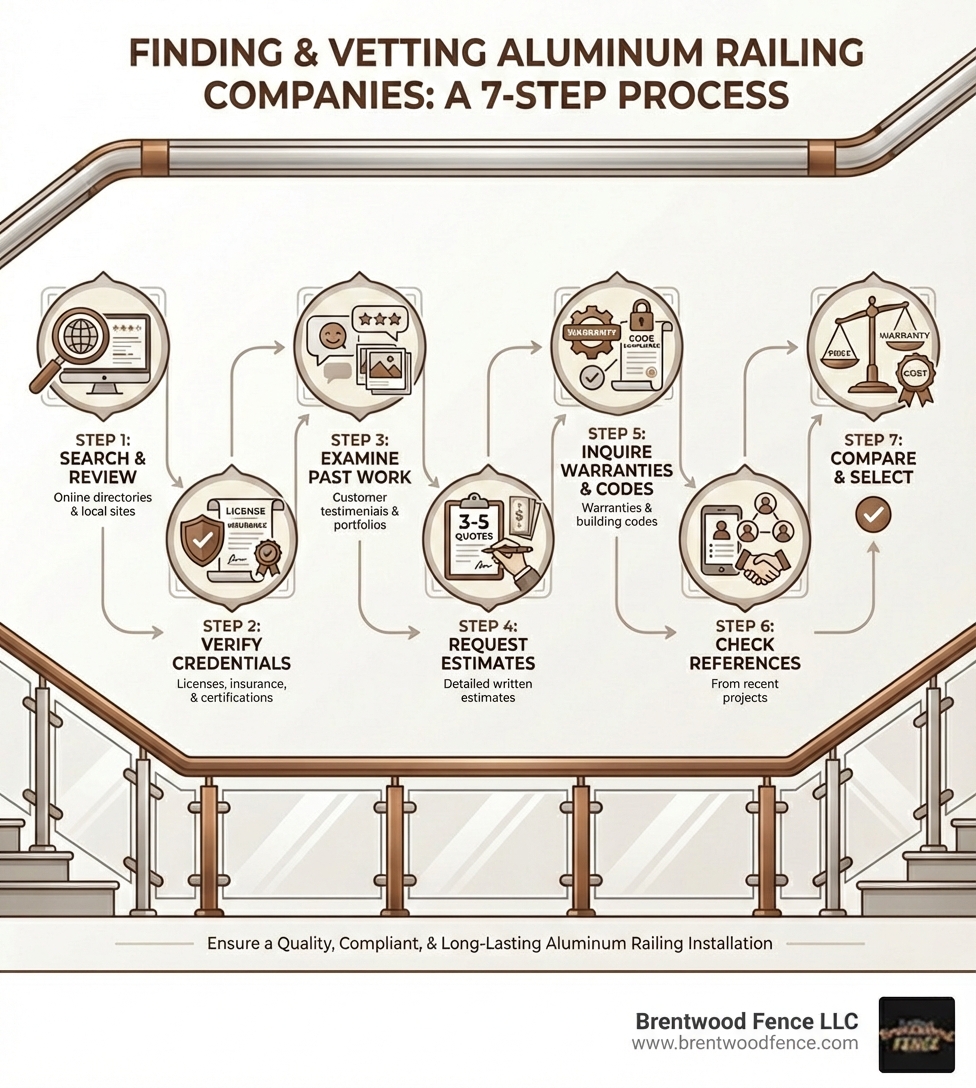Infographic showing the process of finding and vetting aluminum railing companies: Step 1 - Search online directories and review sites for local installers, Step 2 - Verify licenses, insurance, and certifications, Step 3 - Review customer testimonials and project galleries, Step 4 - Request 3-5 detailed written estimates, Step 5 - Ask about warranties and building code compliance, Step 6 - Check references from recent projects, Step 7 - Compare pricing, timeline, and professionalism before selecting your installer - aluminum railing companies near me infographic 