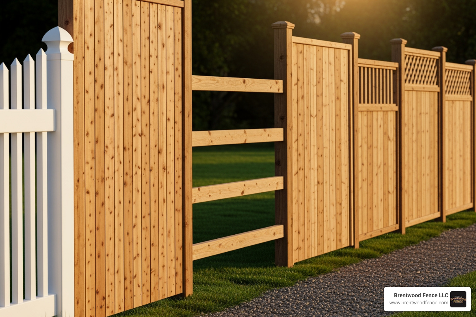 various wood fence styles side-by-side - cost of wood fence per linear foot