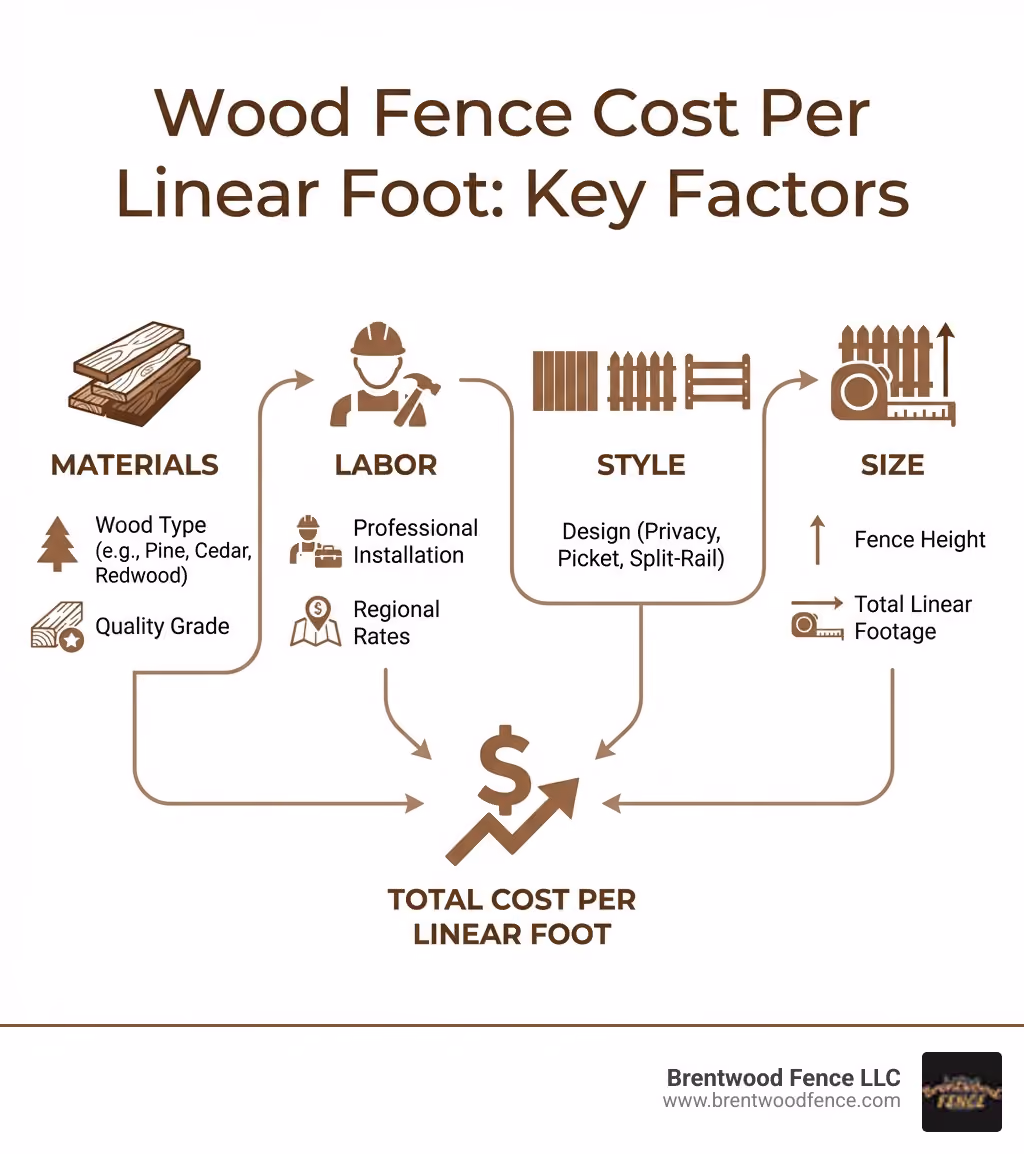 Infographic showing the four main factors affecting wood fence cost per linear foot: Materials (wood type and quality), Labor (professional installation and regional rates), Style (privacy, picket, or split-rail design), and Size (fence height and total linear footage) - cost of wood fence per linear foot infographic Infographic showing the four main factors affecting wood fence cost per linear foot: Materials (wood type and quality), Labor (professional installation and regional rates), Style (privacy, picket, or split-rail design), and Size (fence height and total linear footage) - cost of wood fence per linear foot infographic