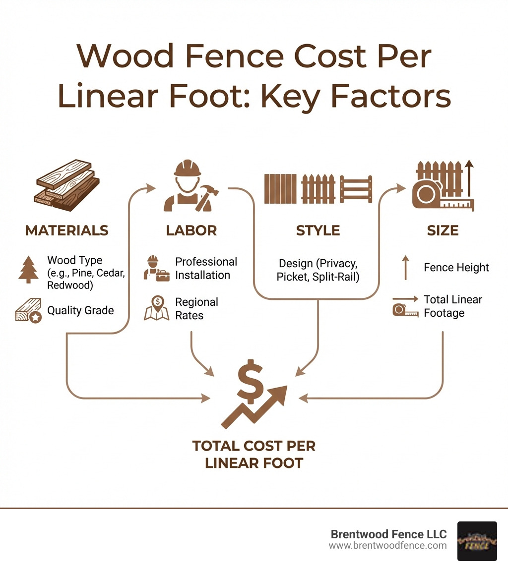 Infographic showing the four main factors affecting wood fence cost per linear foot: Materials (wood type and quality), Labor (professional installation and regional rates), Style (privacy, picket, or split-rail design), and Size (fence height and total linear footage) - cost of wood fence per linear foot infographic 